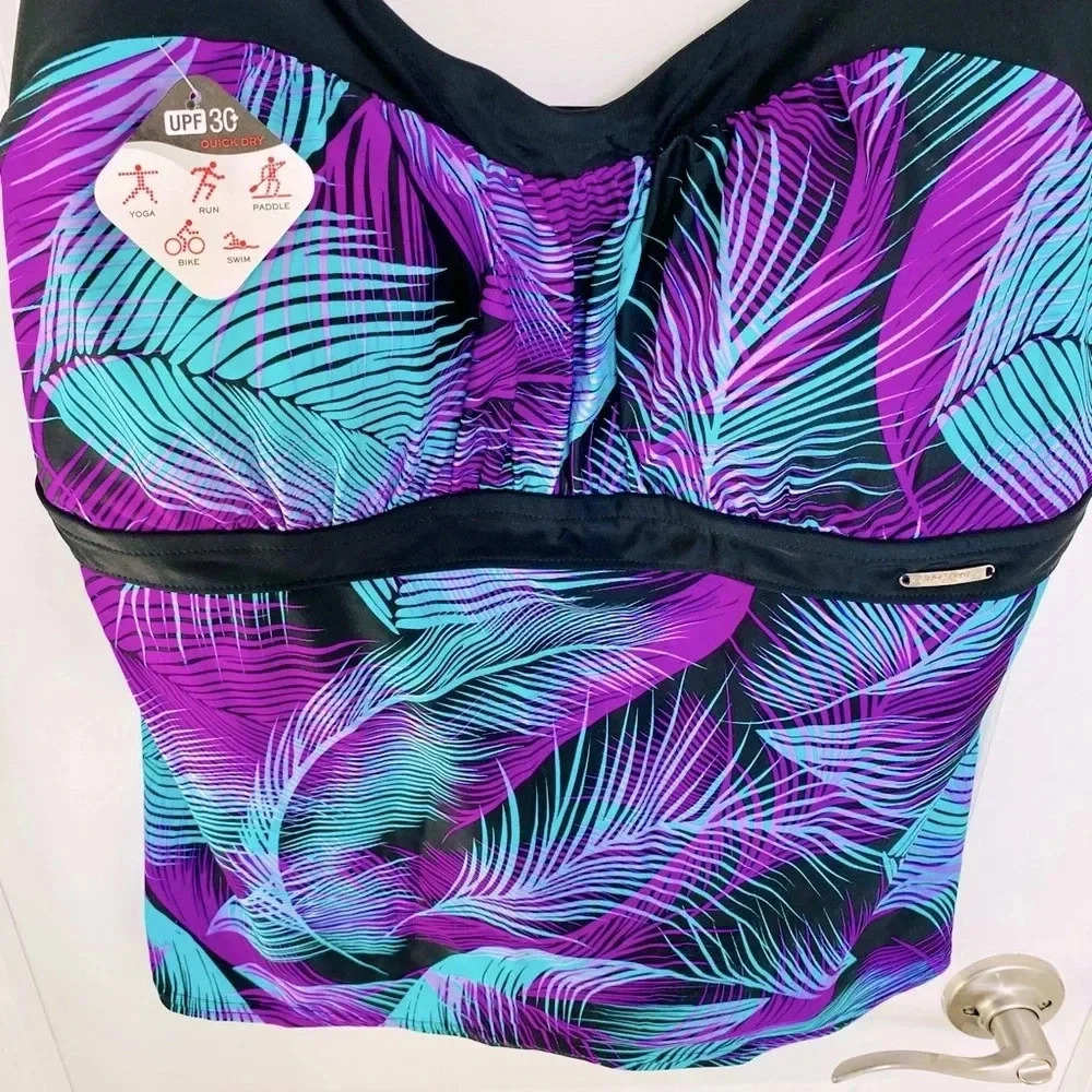 NWT Zeroxposur Plus Size Tankini Swim Top Size 2X 20W Purple Teal Feather - Picture 5 of 11